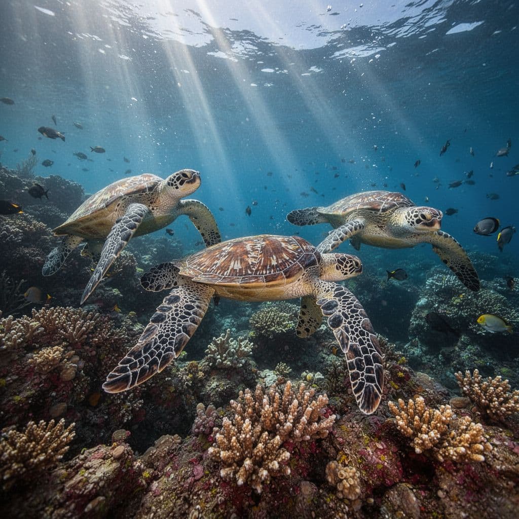 Three green sea turtles swim through sunlight rays above a vibrant coral reef in Hawaii.