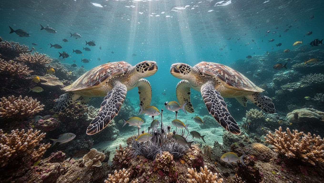 Two Hawaiian green sea turtles glide gracefully near a colorful coral reef in crystal-clear turquoise waters at Turtle Canyon off Oahu, with small cleaner fish attending them at a natural cleaning station in a cinematic underwater wide-angle view.