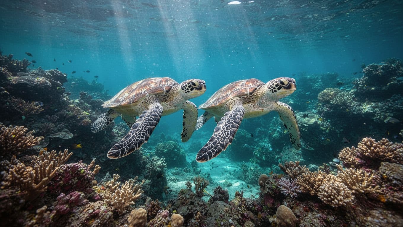 Two Hawaiian green sea turtles gliding near vibrant coral reef in clear turquoise ocean water at Turtle Canyon, with sunlight rays creating dramatic beams.