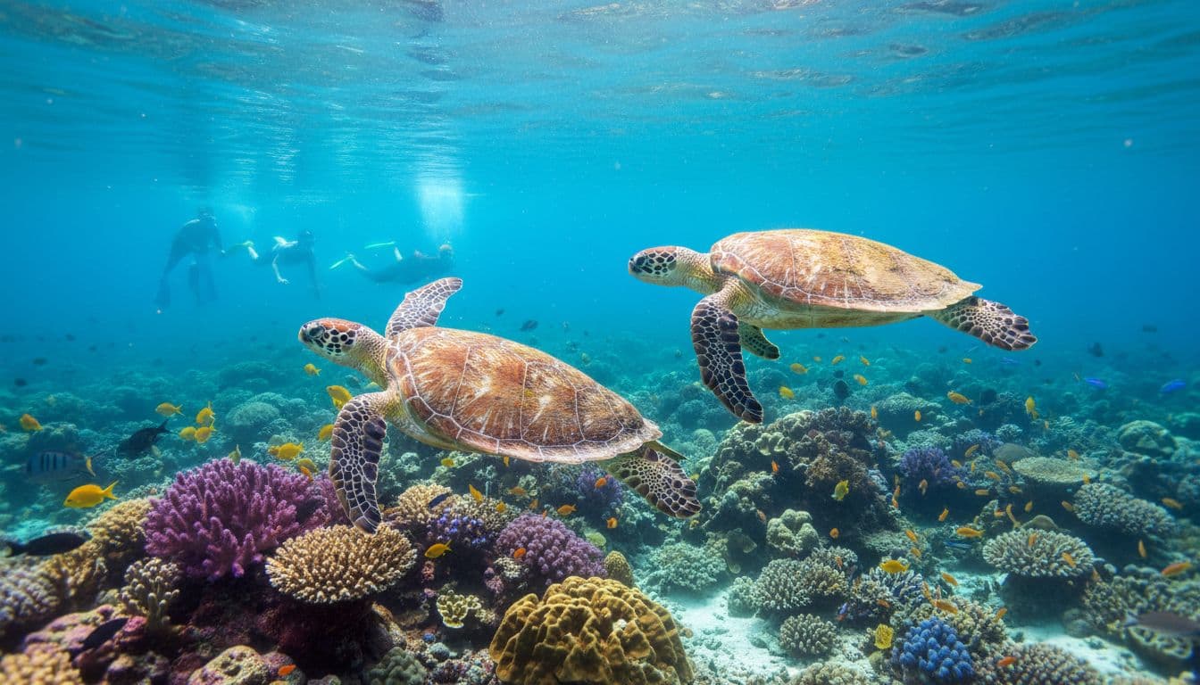 Vibrant underwater scene in Turtle Canyon, Oahu, Hawaii, with two Hawaiian green sea turtles swimming peacefully near a colorful coral reef. Clear turquoise water and natural sunlight filter through, with snorkelers visible at a safe distance.