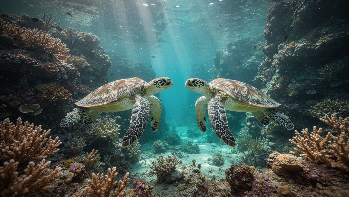 Vibrant Hawaiian green sea turtles swim near a colorful coral reef in clear turquoise water at Turtle Canyon Oahu, with sun rays creating dramatic beams in cinematic style.
