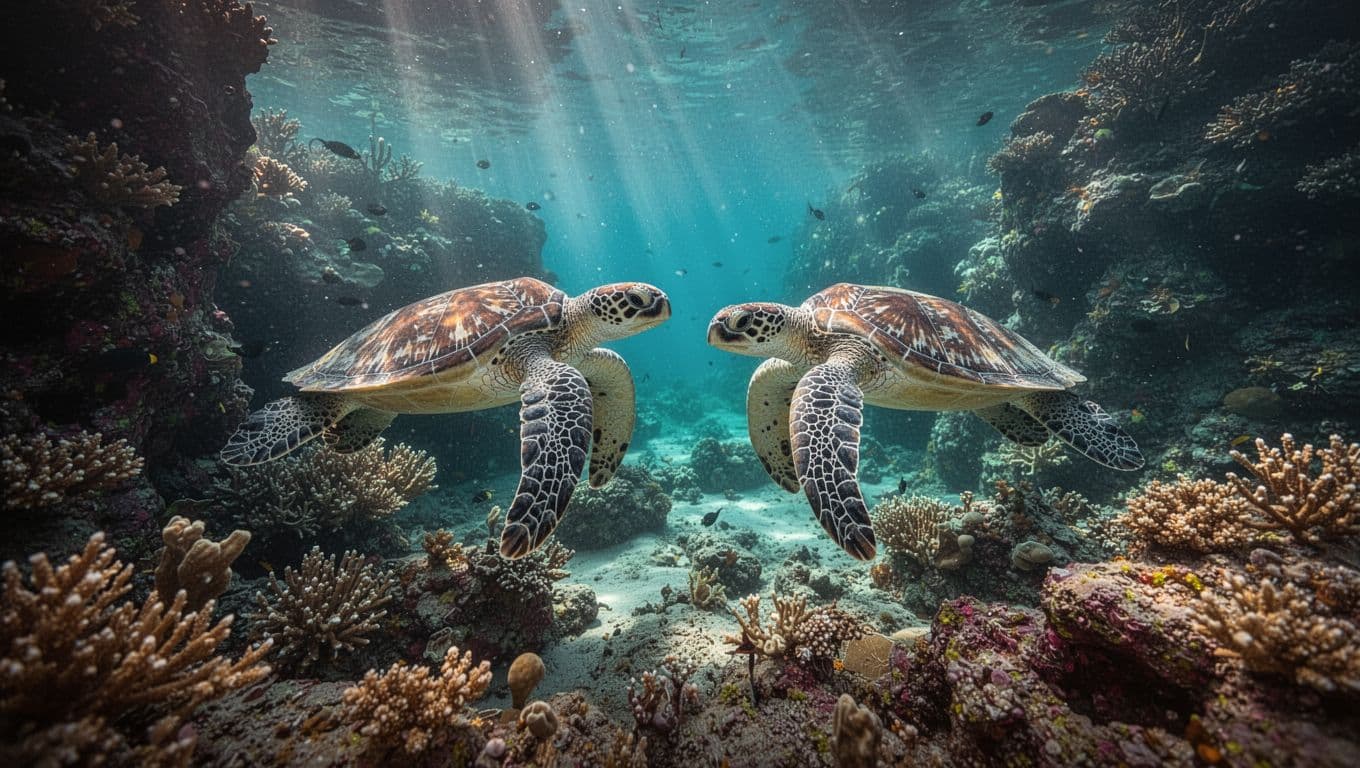Underwater scene of Hawaiian green sea turtles swimming near colorful coral reef in clear turquoise water at Turtle Canyon Oahu, with sunlight rays filtering through the surface in cinematic style.