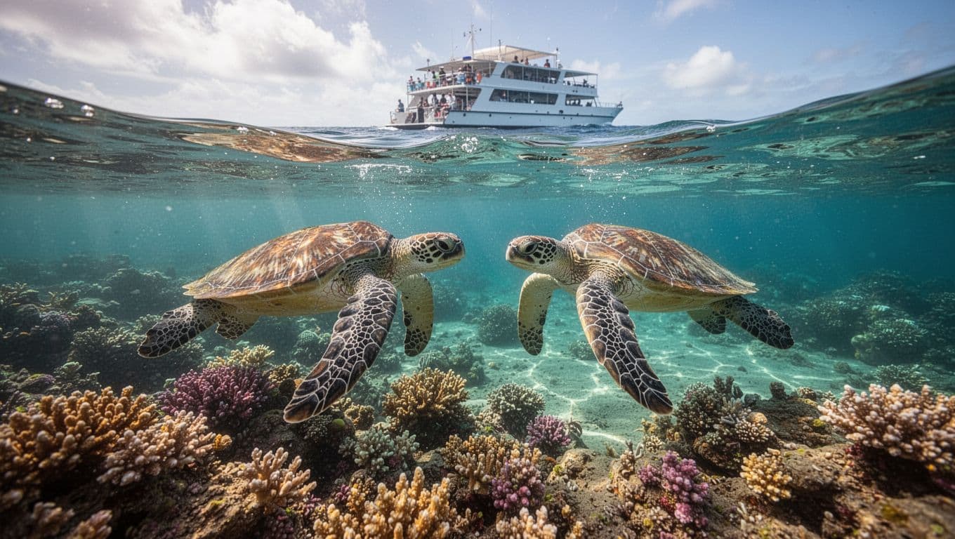 Two Hawaiian green sea turtles swim gracefully near a vibrant coral reef in clear turquoise waters off Waikiki, Oahu, with a double-decker tour boat anchored in the distance under sunny skies.