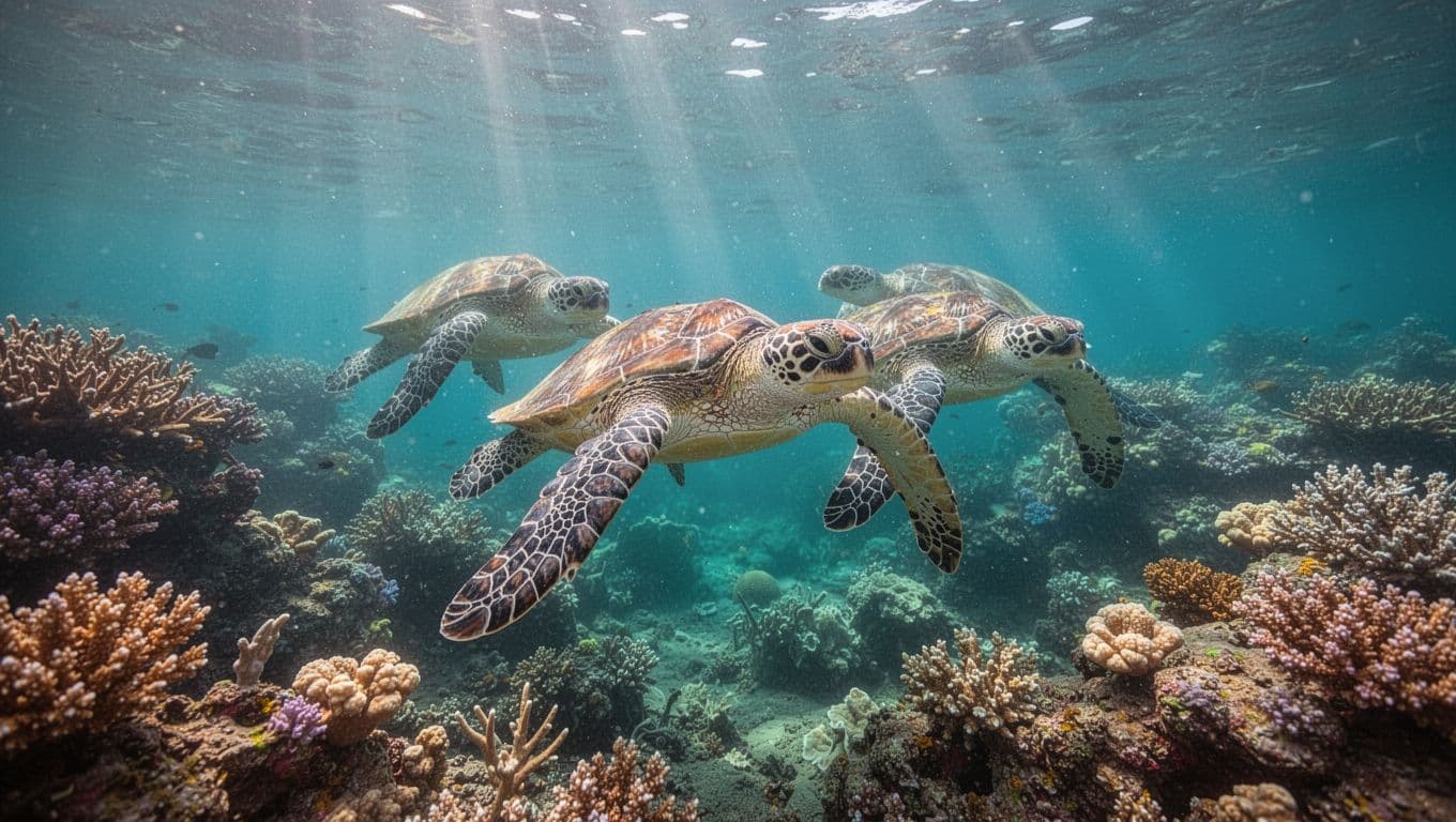 Hawaiian green sea turtles swim gracefully in clear turquoise waters near a coral reef off the Waikiki, Oahu coast, with sunlight rays creating dramatic underwater beams in a cinematic style.