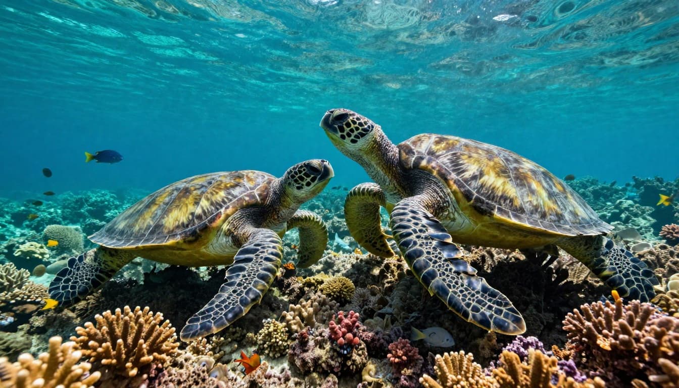 A vibrant underwater scene featuring exactly two Hawaiian green sea turtles swimming near colorful coral reefs in clear turquoise water off Honolulu's Waikiki coast, with schools of tropical fish and dramatic sun rays.
