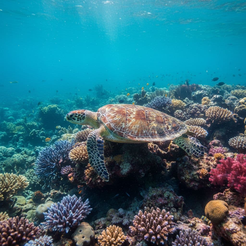 Hawaiian green sea turtle rests on colorful coral reef in clear turquoise water.
