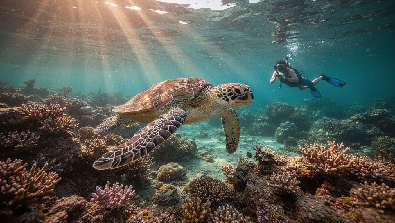 Green sea turtle glides over vibrant coral reef in turquoise water with sunlight rays and distant snorkeler.