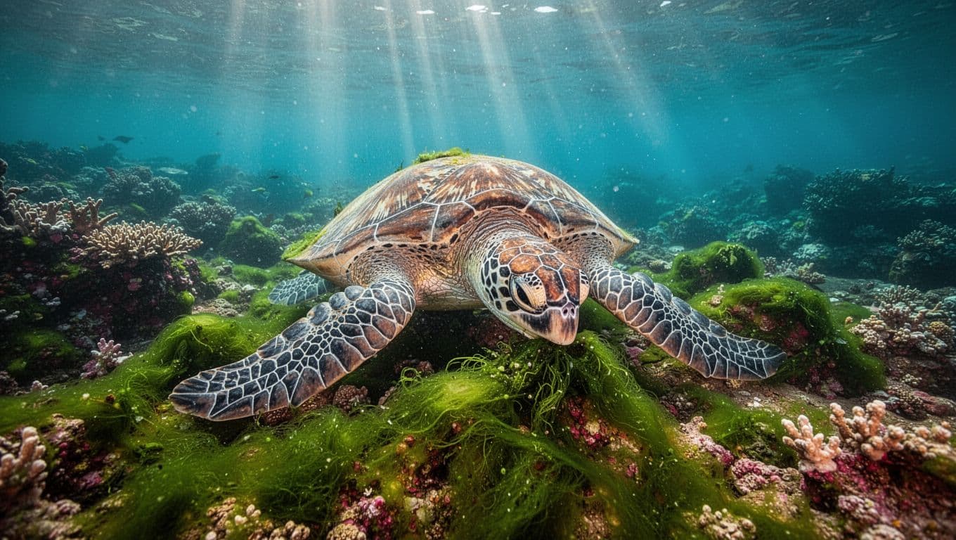 Green sea turtle grazes on green algae over colorful coral reef in turquoise water with sunlight rays.