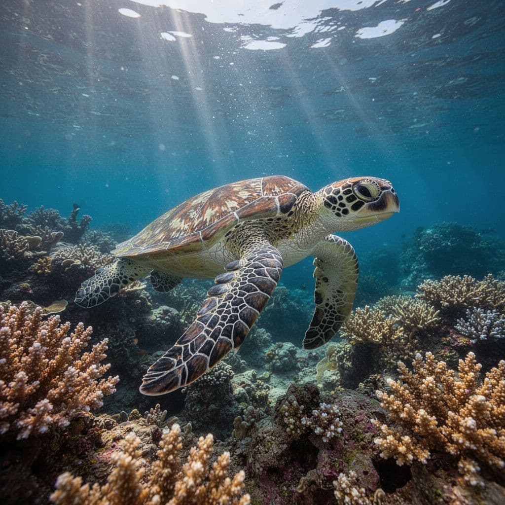 Green sea turtle swims near coral reef in clear blue ocean water with sunlight above.