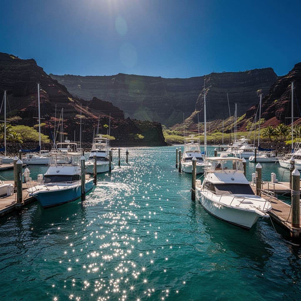 Multiple sailboats and motorboats rest in a bright cyan harbor under a clear deep blue sky. Jagged dark volcanic cliffs rise prominently in the background, creating a high-contrast tropical seaside landscape.