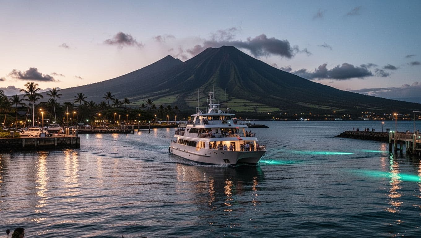 A tour boat departs a calm Hawaiian harbor at dusk with glowing lights on the water.