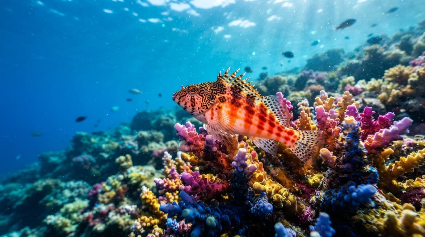 A colorful Hawaiian hawkfish perched on coral in clear blue ocean water.