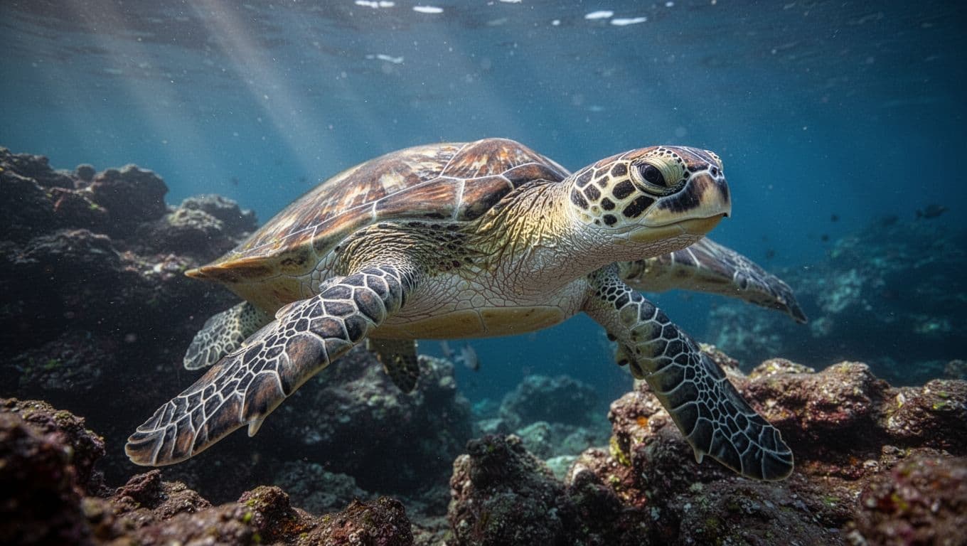 Close-up of Hawaiian green sea turtle swimming near rocky reef, morning sunlight on its shell.