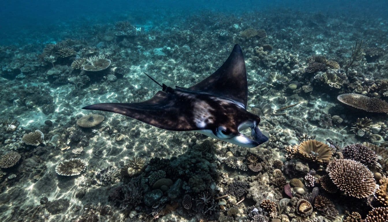 A manta ray glides above a sunlit Hawaiian coral reef.