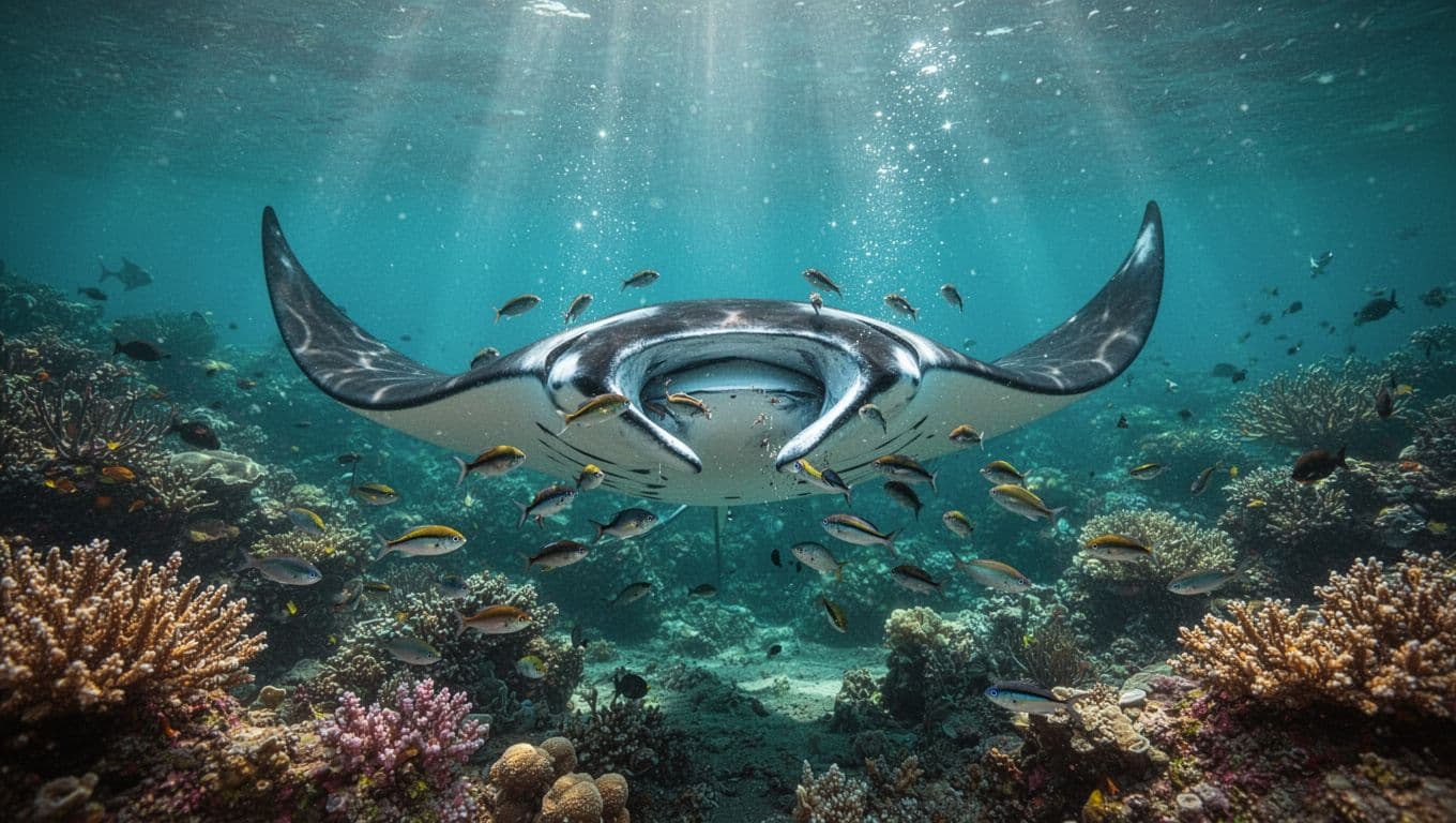 A large manta ray swims over a coral reef while small fish clean its skin in clear blue water.