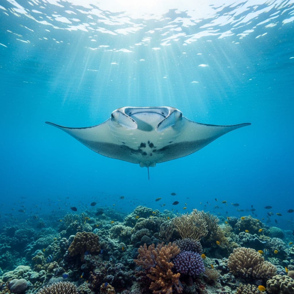 A massive manta ray glides through crystal clear Hawaiian waters near a vibrant coral reef. Sunlight rays pierce the surface above, creating dramatic lighting patterns across its expansive wings and dark skin.