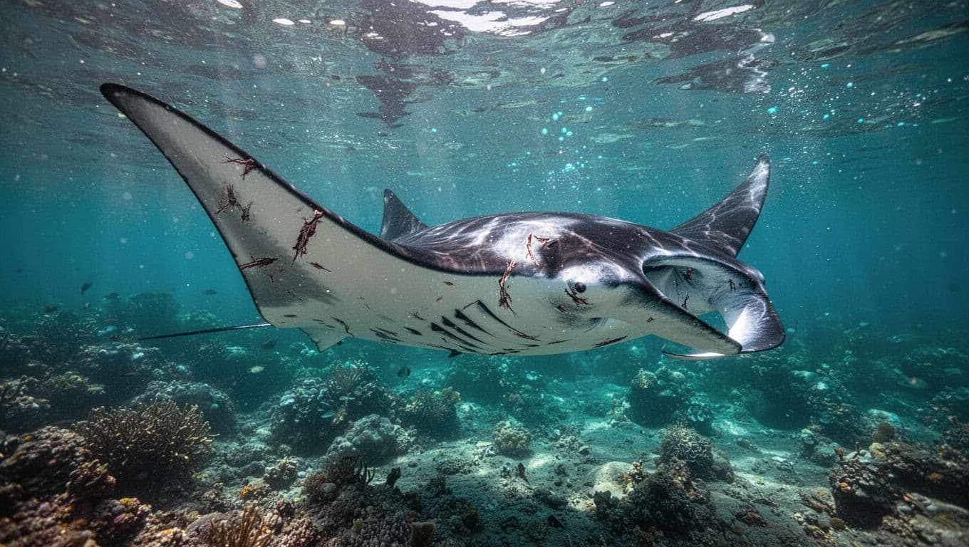 A manta ray with visible scars swims through clear turquoise water.