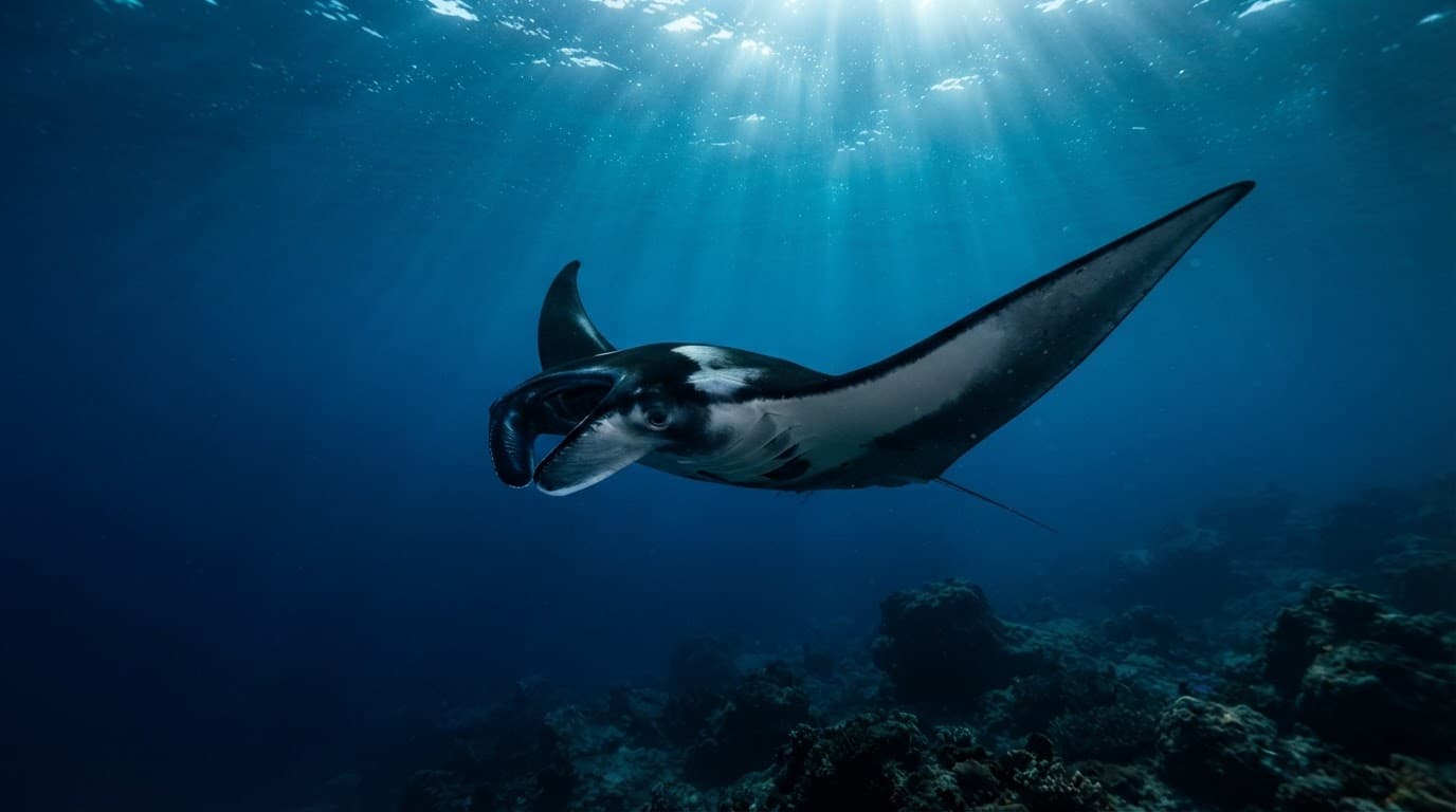 A giant manta ray gliding through sunlit blue Hawaiian waters.