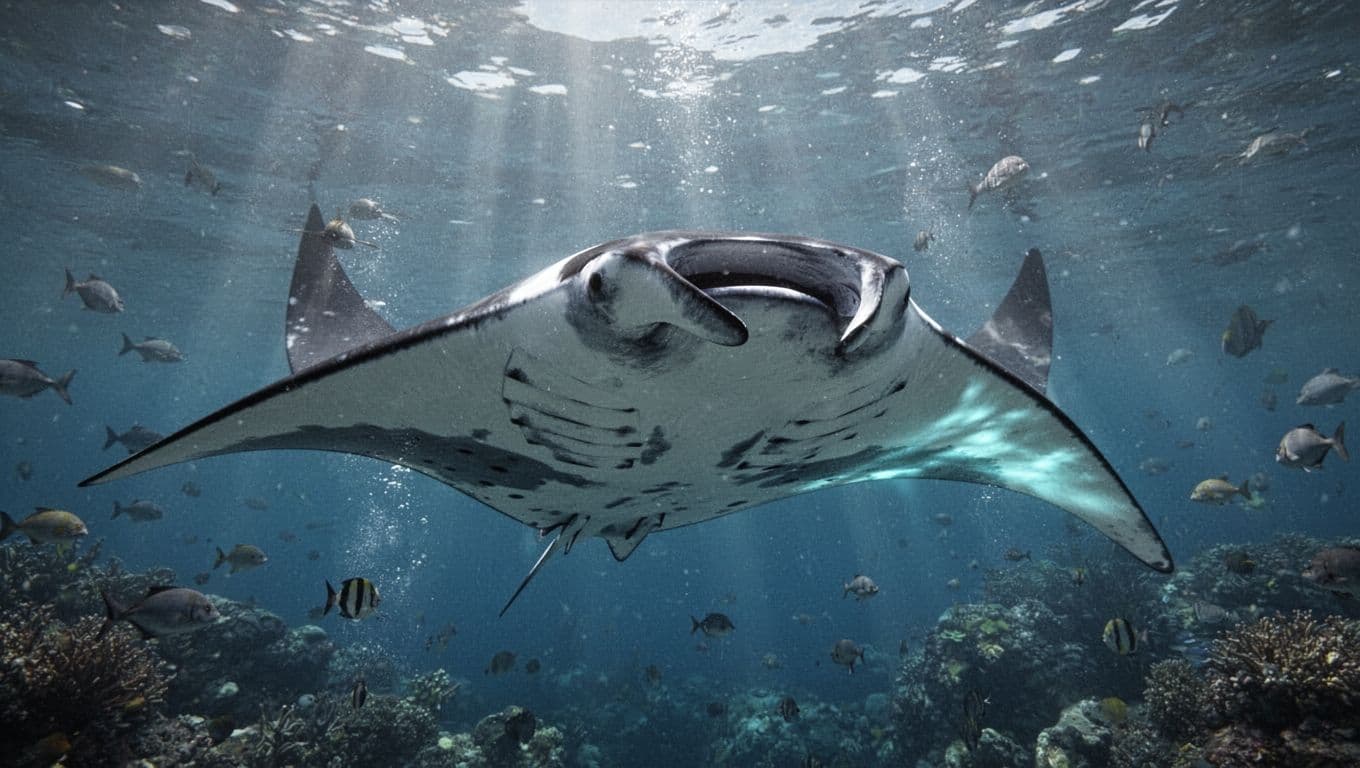 A massive manta ray glides through crystal-clear tropical waters with sunlight filtering down from above. Vibrant cyan light highlights the creature's broad wingspan against the deep blue ocean environment.