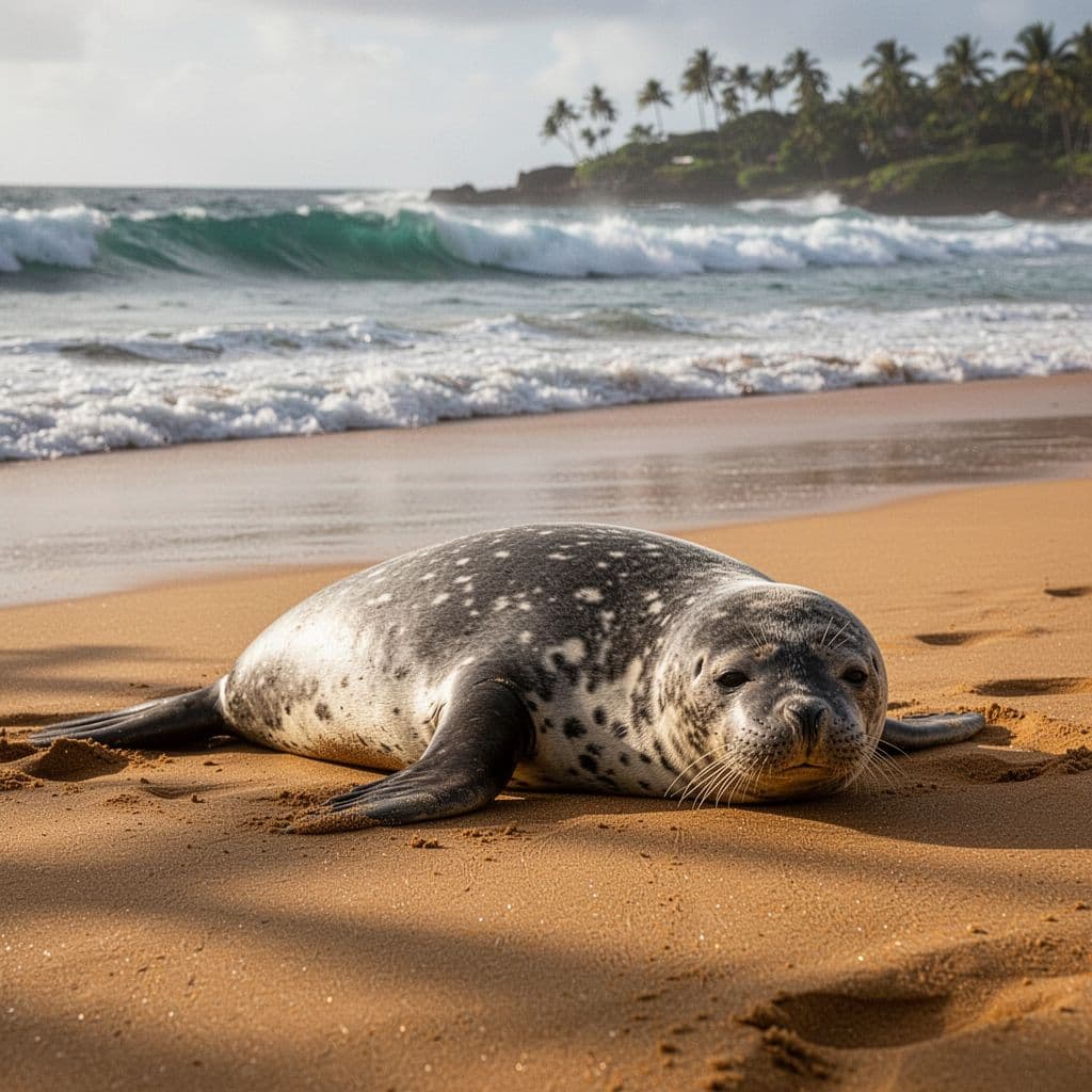 A Hawaiian monk seal rests on a golden sandy beach with gentle ocean waves in the background.