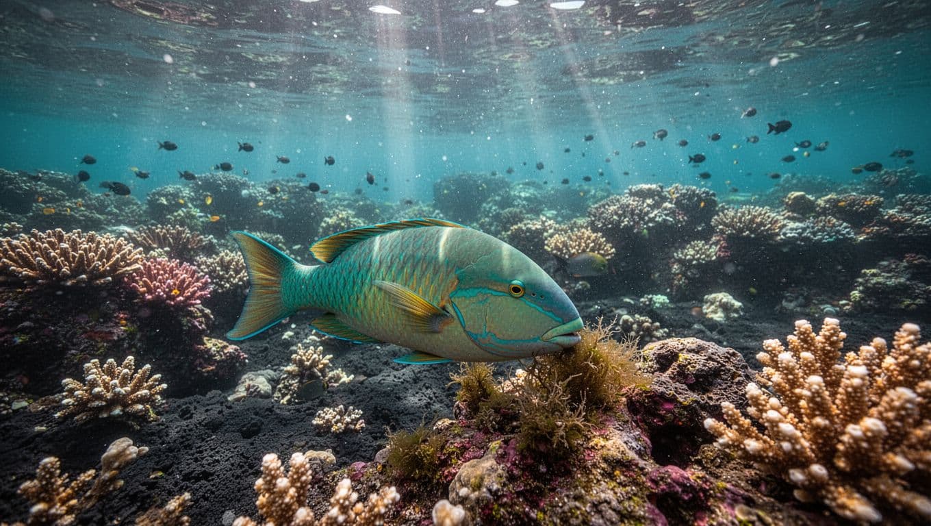 A parrotfish grazes over coral in clear Hawaiian water.