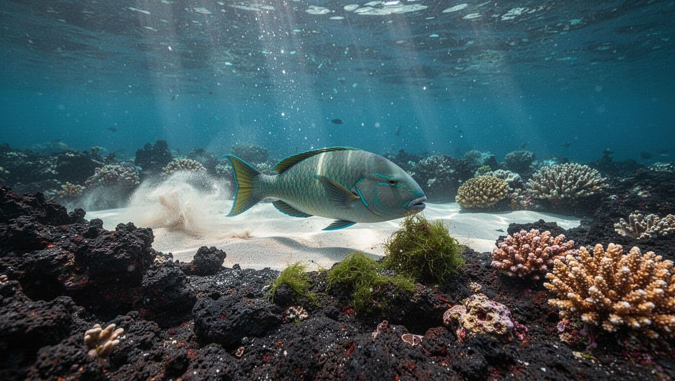 A Hawaiian parrotfish grazes algae over a volcanic reef as pale sand drifts behind it.