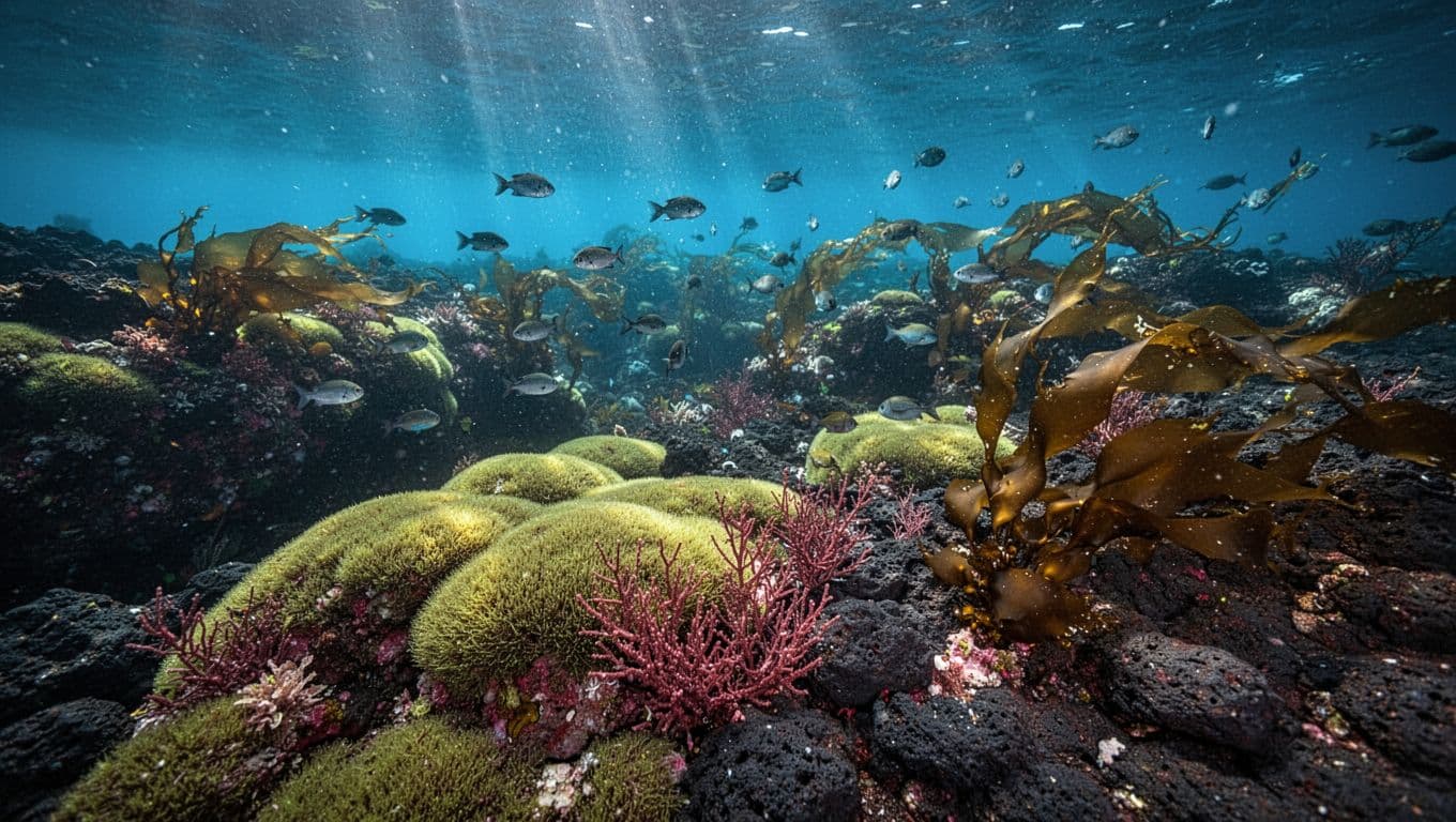 Colorful algae grow on volcanic rock in clear Hawaiian reef water.