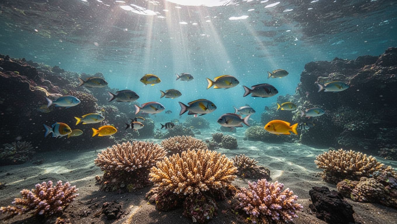 Colorful reef fish swim above coral and volcanic rocks in clear Hawaiian water.
