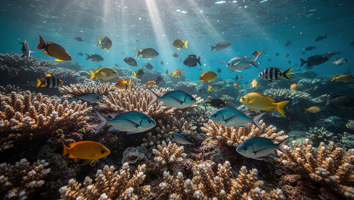 Colorful reef fish swim among coral in Hawaiian Pacific waters.