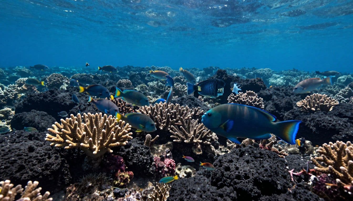 Small fish shelter among coral and lava rock as a parrotfish grazes nearby.