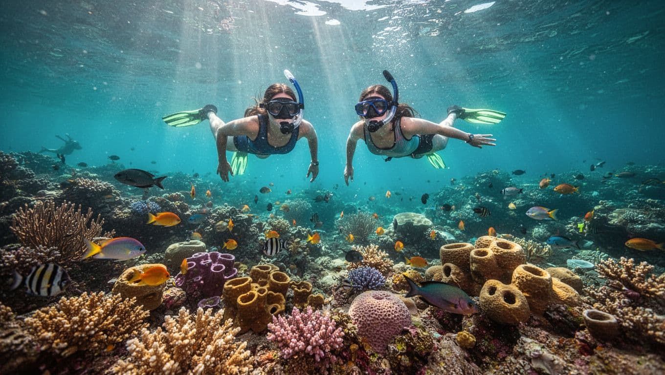 Distant snorkelers explore coral ledges as small reef fish swim through blue water.