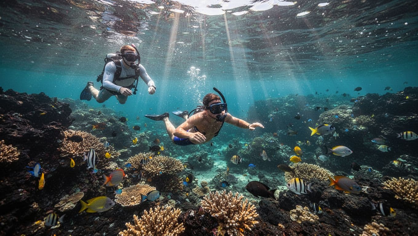 A snorkeler floats over a coral reef as a guide watches from the surface.