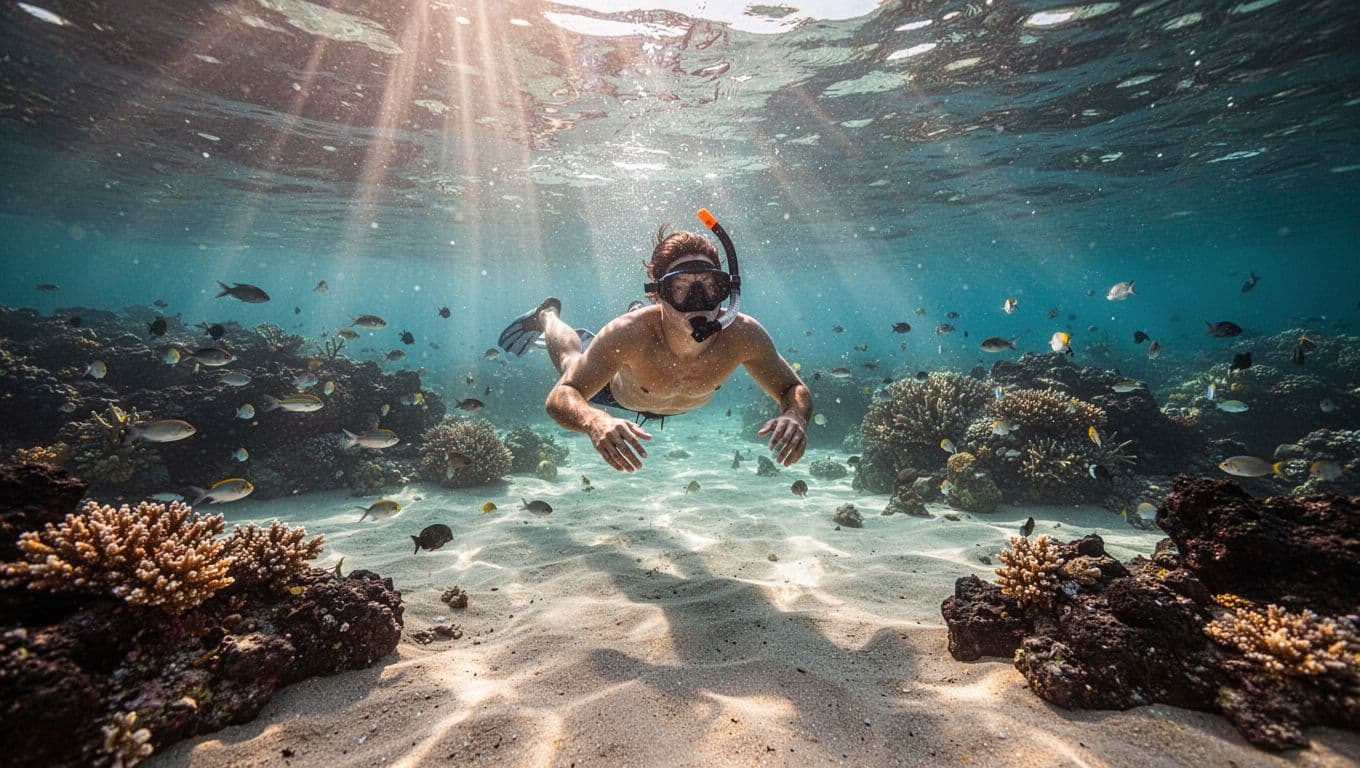 A snorkeler floats above coral, lava rock, fish, and a bright sandy bottom.
