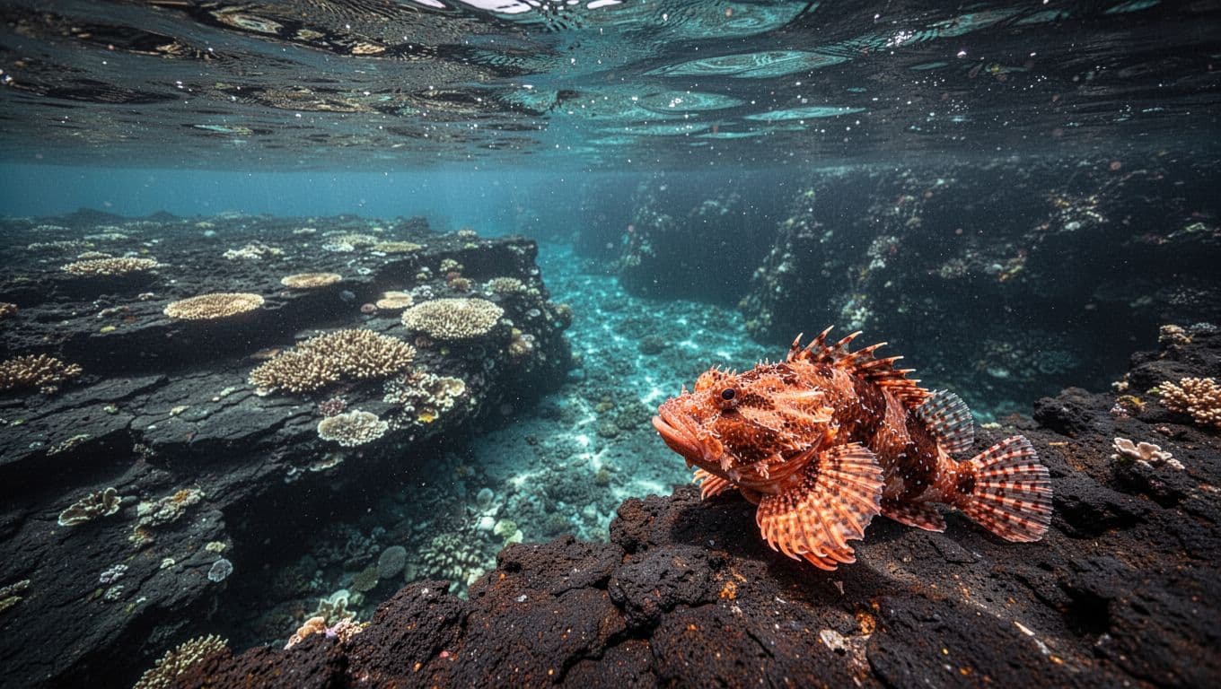 A Hawaiian scorpionfish camouflaged on a volcanic reef ledge underwater.