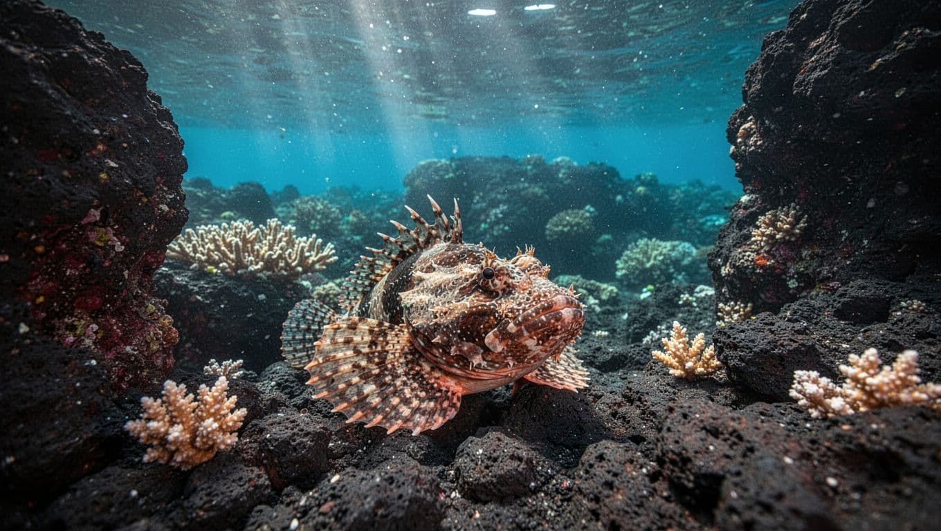 A camouflaged scorpionfish rests among volcanic rocks on a shallow Hawaiian reef.