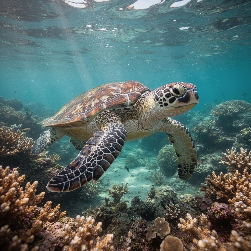 A sea turtle swims through clear turquoise water above a vibrant coral reef.