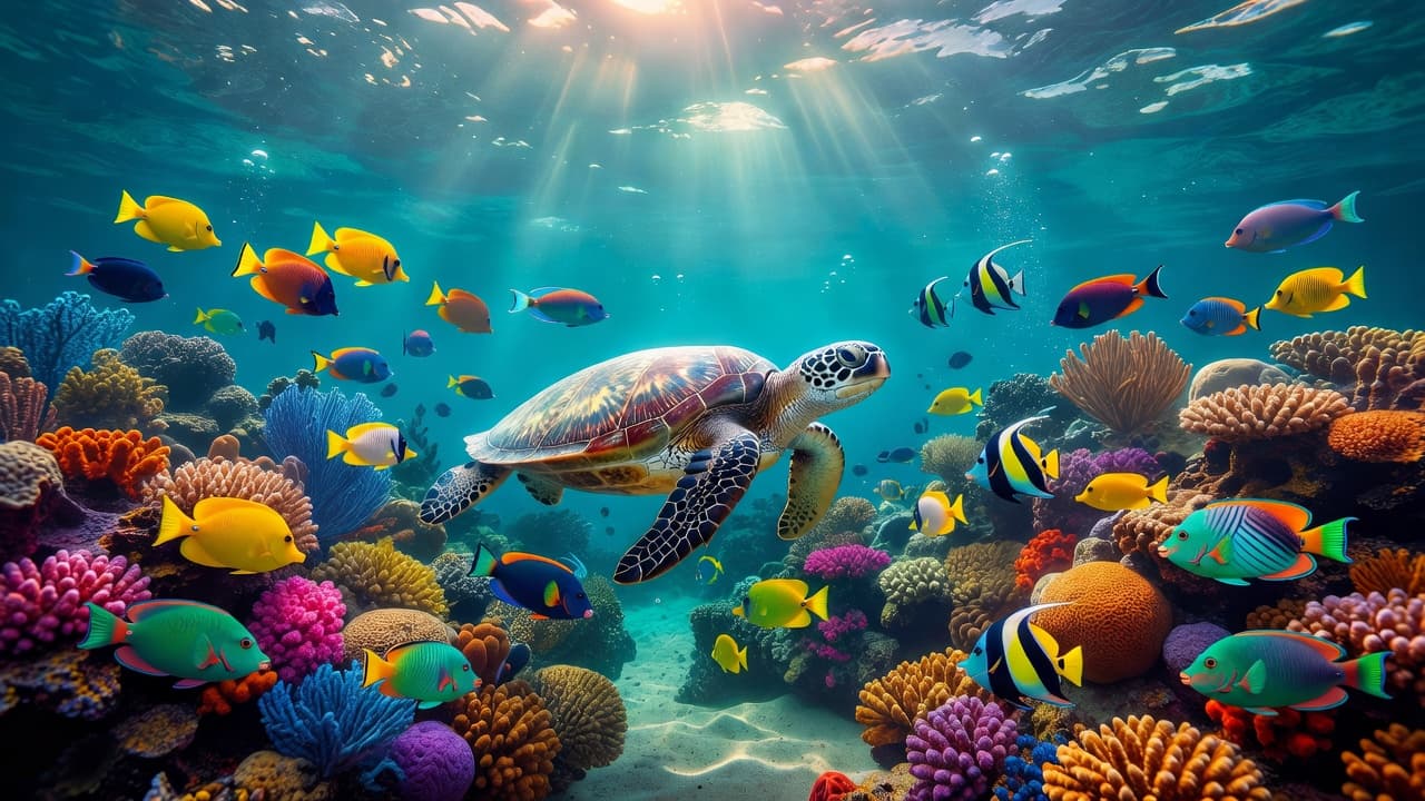 A graceful green sea turtle glides through crystal clear Hawaiian waters above a vibrant coral reef. Colorful tropical fish dart between intricate coral formations under beams of warm, bright sunlight.