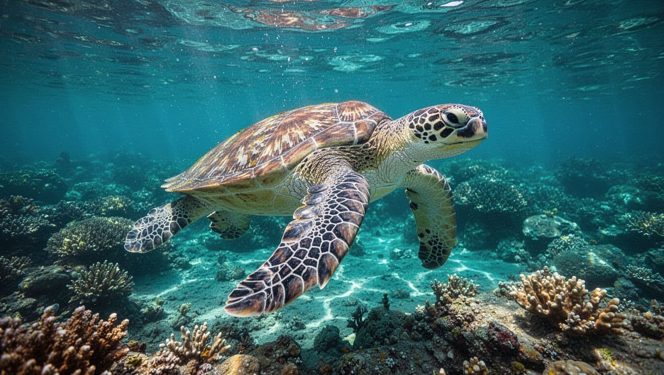 A green sea turtle swims over a sunlit coral reef in clear turquoise water.