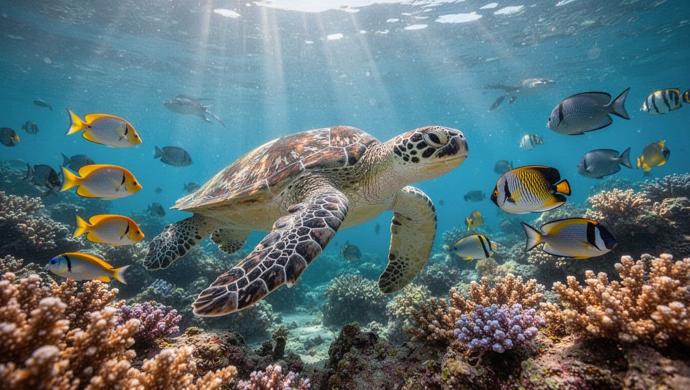 A graceful green sea turtle glides through crystal clear Hawaiian waters near a vibrant coral reef. Bright sunlight streams from the surface while colorful tropical fish swim around the gentle creature.