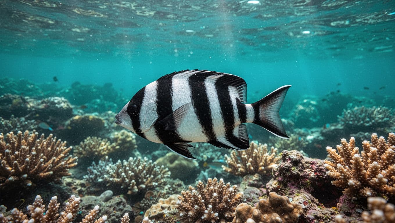A striped Hawaiian sergeant fish swims over a colorful coral reef in turquoise water.