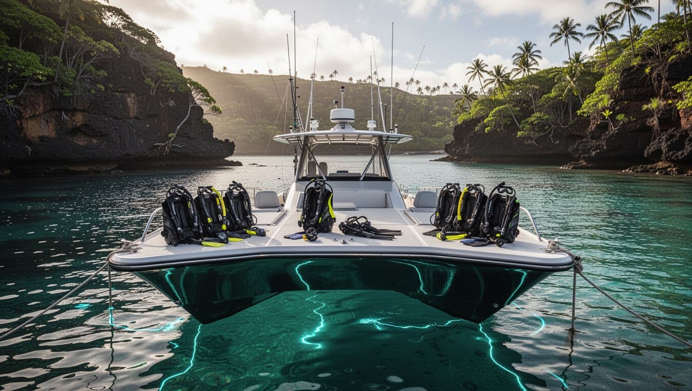 A sleek boat with snorkeling gear rests in a calm Hawaiian bay.