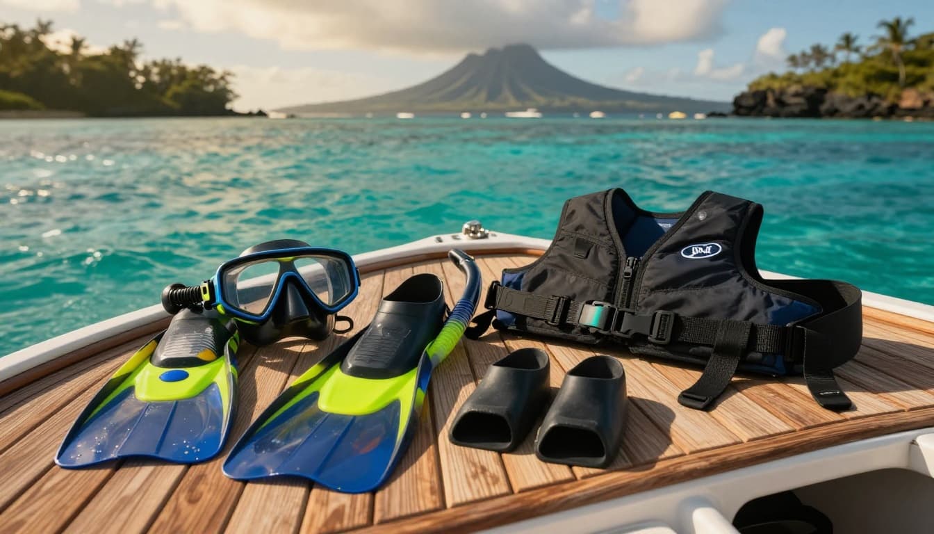 High-quality snorkel gear set on a wooden boat deck, including mask with snorkel, fins, and flotation vest, ready for use with tropical Hawaiian ocean, turquoise water, and volcanic cliffs in cinematic golden hour lighting.