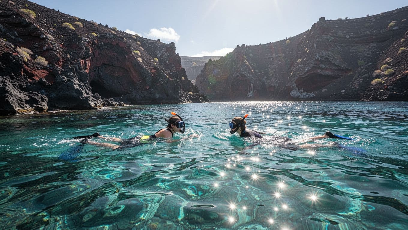 Two snorkelers swim in clear turquoise water by volcanic cliffs.
