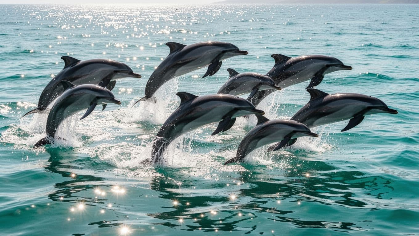 A pod of spinner dolphins arcs gracefully above the turquoise Pacific waves during a sunny day. Sparkling water droplets scatter in the air as the animals demonstrate their natural acrobatic behavior.
