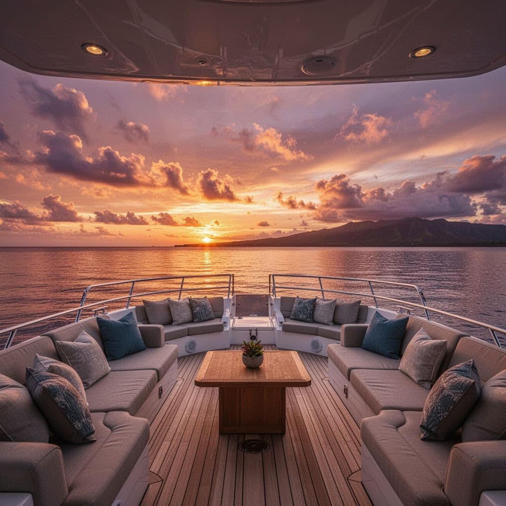 A vibrant orange and purple sunset reflects across calm waters viewed from a boat deck.