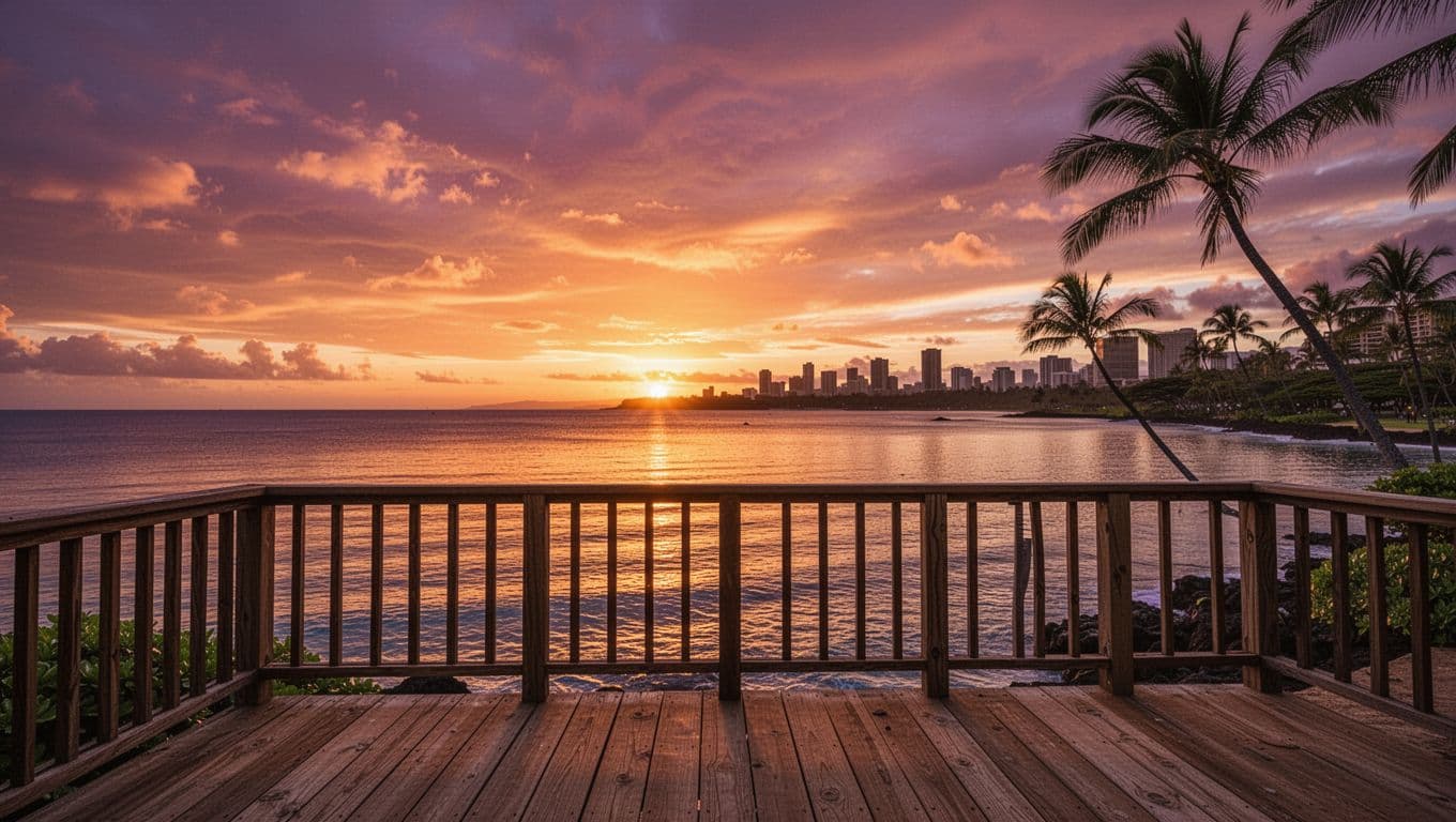 Orange-purple sunset sky reflects on Pacific Ocean, silhouettes of palm trees and Waikiki skyline visible.