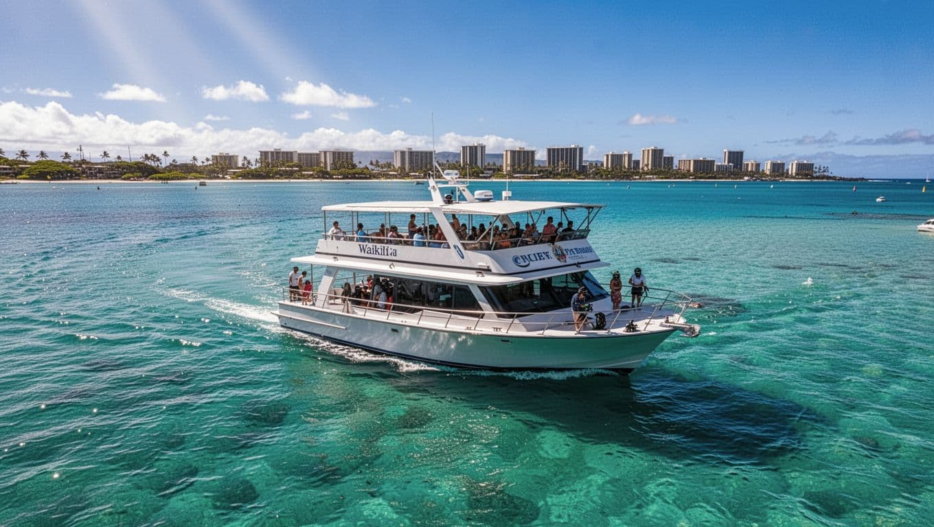 A white double-decker cruise vessel navigates the vibrant turquoise waters off the Hawaiian coast. The clear blue sky stretches over the distant Waikiki coastline, creating a cinematic sense of deep horizon.