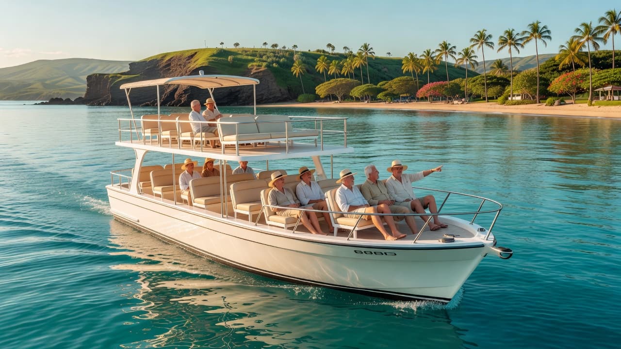 A large double-decker vessel glides across clear turquoise water near the Hawaiian coastline. Warm sunlight illuminates the comfortable deck areas as gentle waves surround the boat in the peaceful ocean.