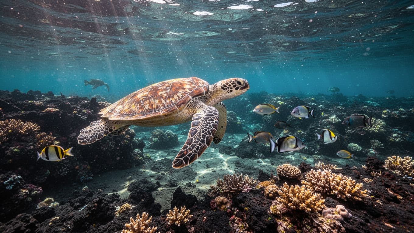 Sea turtle gliding above a shallow coral reef with tropical fish in clear Hawaiian water.