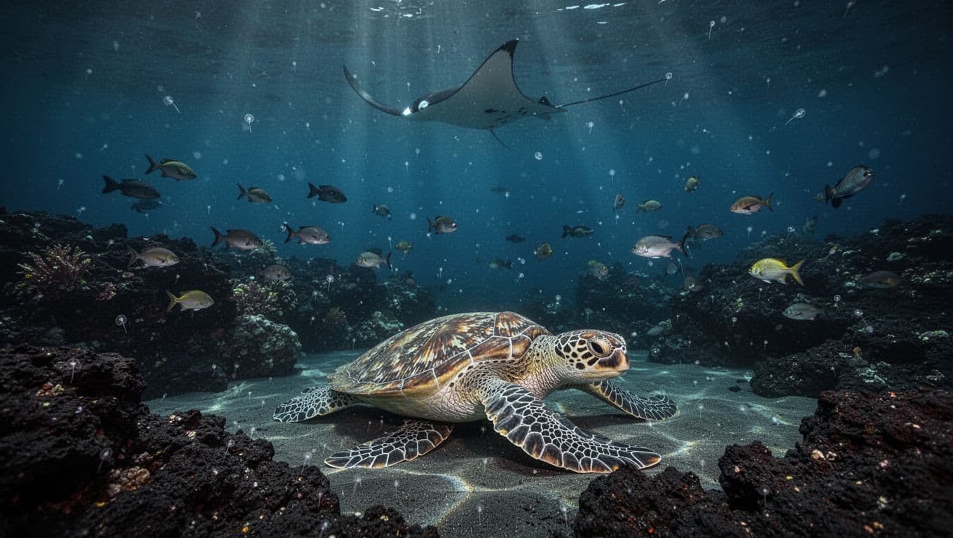 A sea turtle rests on a lava reef beneath fish and a distant manta ray.